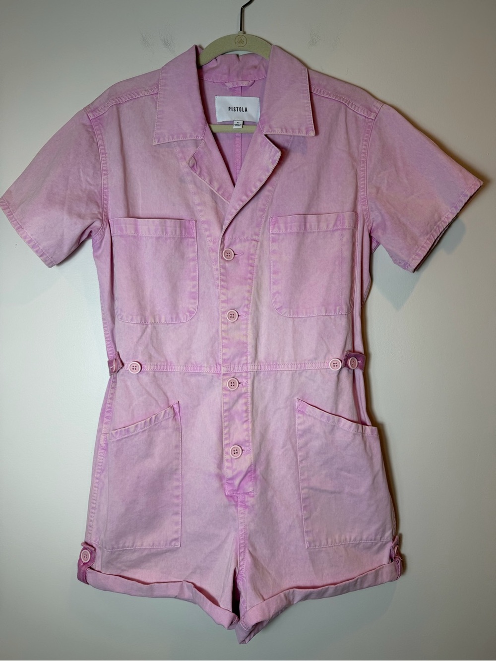 PISTOLA Parker Utility Romper in Pink Denim Short Sleeve Size Medium